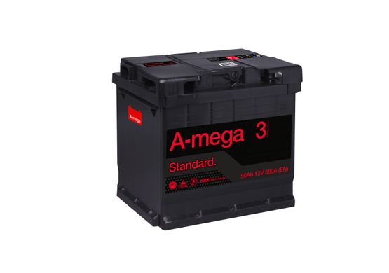 На фото: Акумулятор Amega Standard 50 Ah 390A (- +)