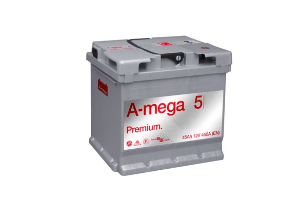 На фото: Аккумулятор A-mega Premium 45Ah 450А (- +)