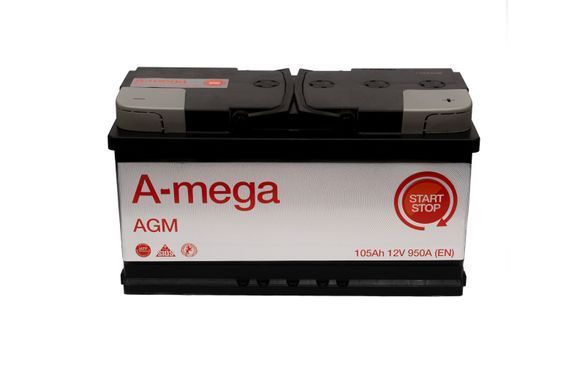 На фото: Аккумулятор A-Mega AGM 105Ah 950A (- +)