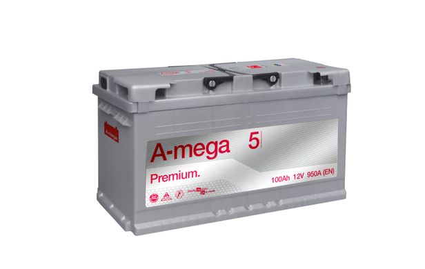 На фото: Аккумулятор A-mega Premium 100Ah 950А (- +)