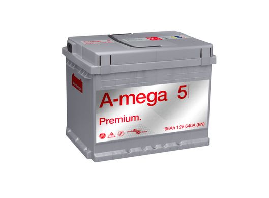 На фото: Акумулятор A-mega Premium 65Ah 640А (- +)