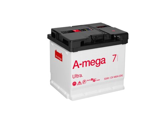 На фото: Аккумулятор A-mega Ultra 50Ah 480A (+ -)