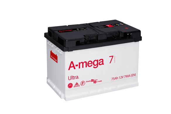 На фото: Аккумулятор A-mega Ultra 75Ah 790A (- +)