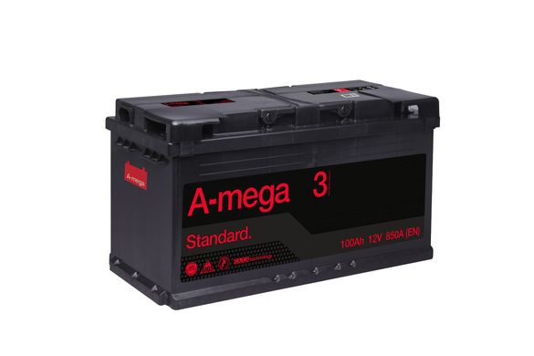 На фото: Аккумулятор A-mega Standard 100Ah 850A (- +)